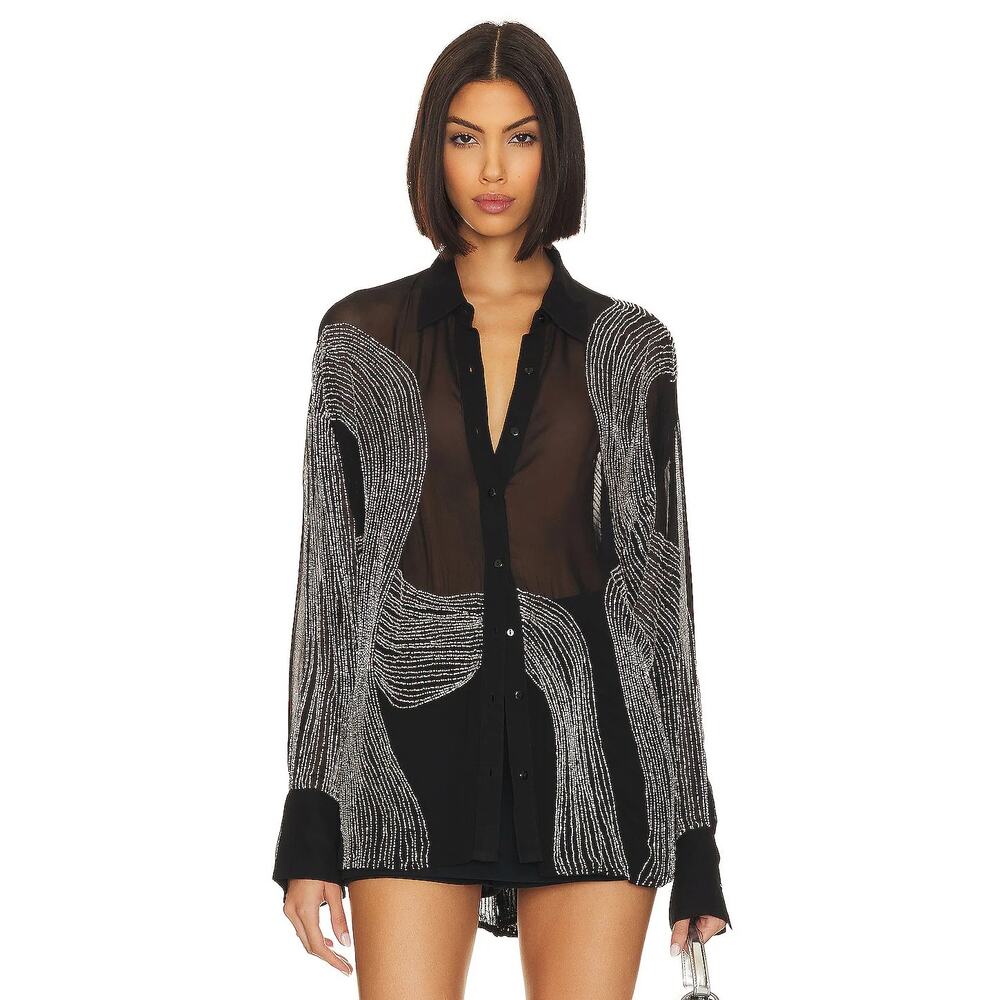 Retrofete Siren Embellished Shirt Beaded Button Front Long Sleeve Black Size XS